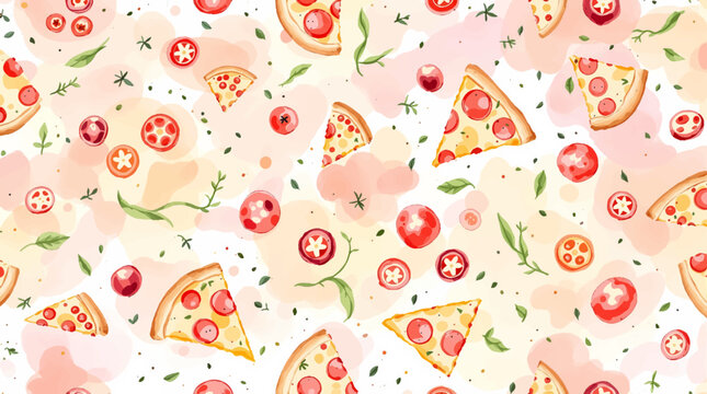 Seamless watercolor pattern featuring isolated pizza slices on a clean white background ideal for fast food and Italian cuisine designs