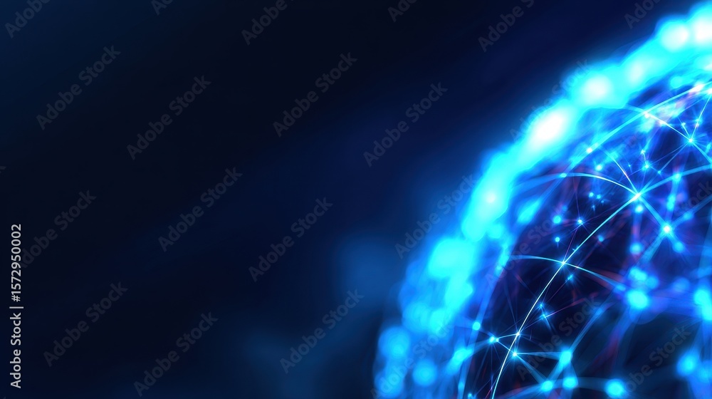 Poster abstract representation of a glowing digital network sphere with interconnected nodes and lines