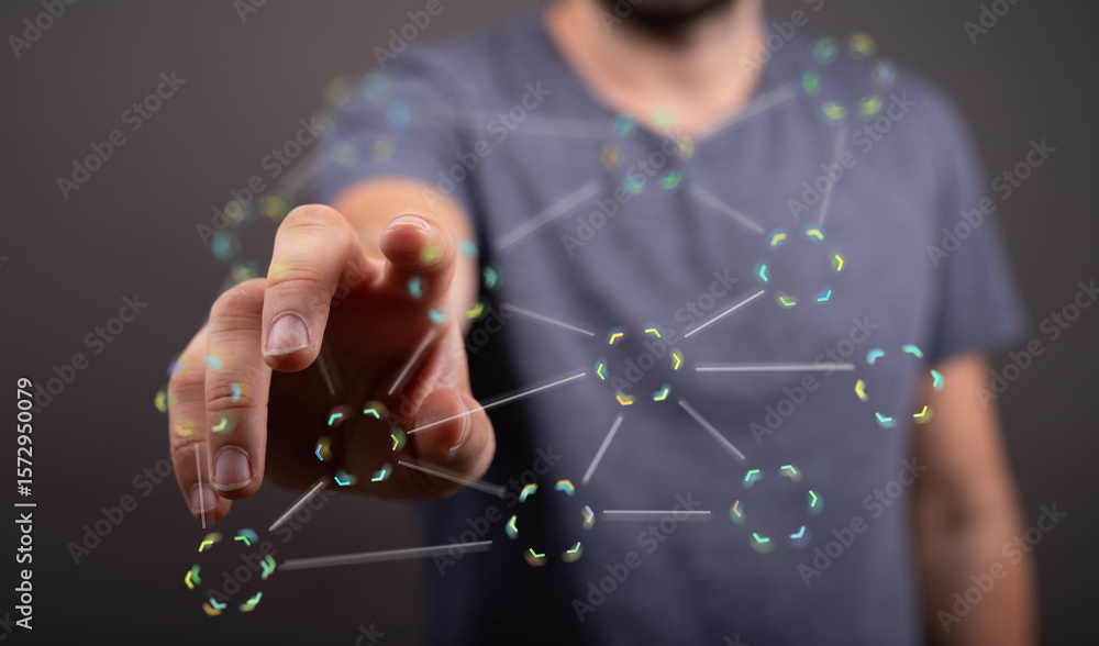 Poster hand reaching towards a glowing network, representing connection and technology.