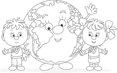 Little schoolboy and schoolgirl with funny cartoony Globe friendly smiling and waving in greeting, black and white vector cartoon illustration for a coloring book