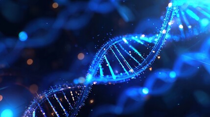 Abstract representation of DNA strands illuminated by blue light against a dark background