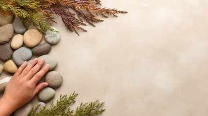 Hand resting on smooth stones with greenery against a neutral background for relaxation