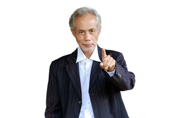 Senior Asian businessman pointing finger on white background