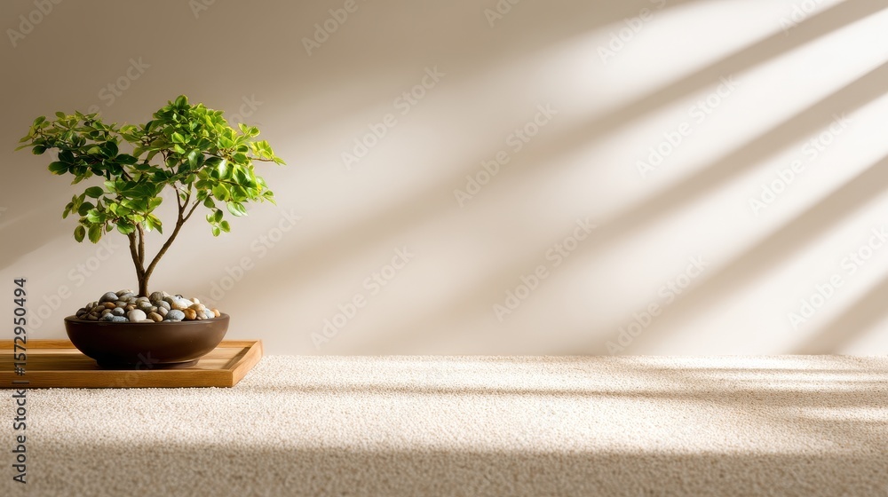 Poster serene indoor scene featuring a bonsai tree in a bowl on a textured surface with soft shadows
