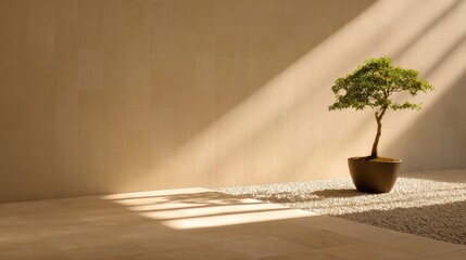 Serene indoor scene featuring a bonsai tree in a minimalist zen space with natural lighting