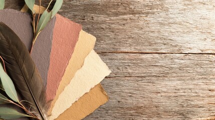 Colorful paper swatches arranged on a rustic wooden surface with green leaves nearby