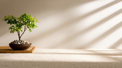 Serene indoor scene featuring a bonsai tree in a bowl on a textured surface with soft shadows