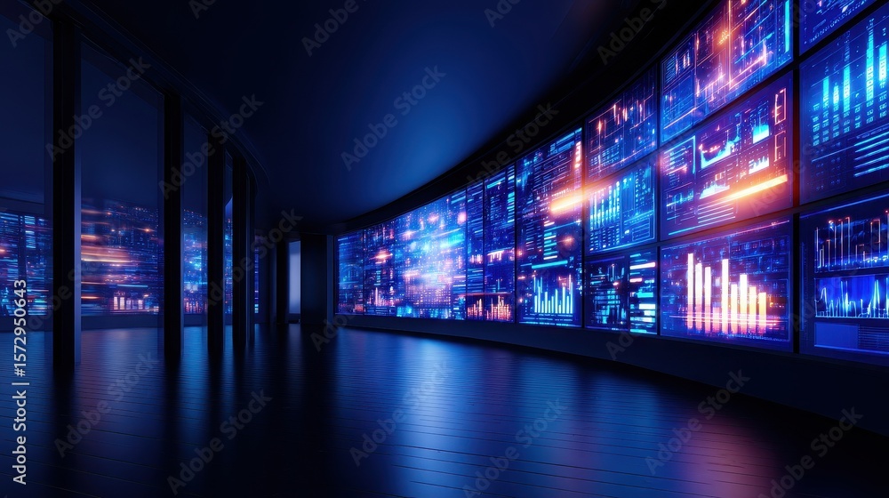 Poster futuristic data center with glowing screens displaying analytics in a dark, sleek environment