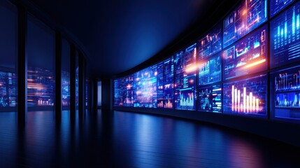 Futuristic data center with glowing screens displaying analytics in a dark, sleek environment