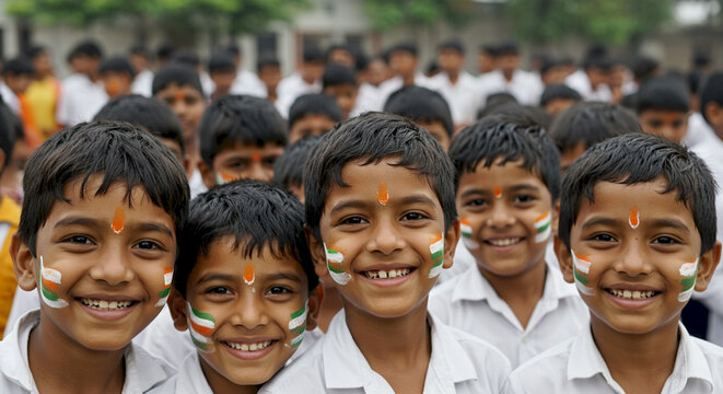 Group of happy Indian boys celebrating with painted faces at school  