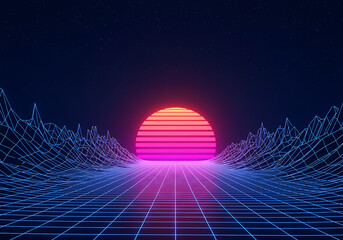 Retro Synthwave Landscape with Grid Terrain and Striped Sunset.