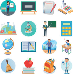 set of vector back-to-school icons on transparent background