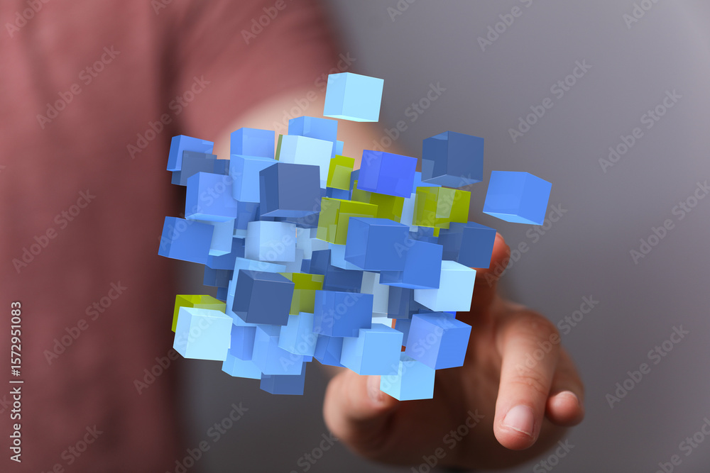Poster abstract image of data cubes, representing innovation, technology, and digital transformation.