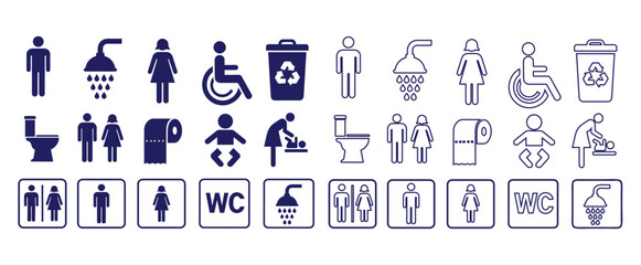 WC icon set. Toilet, restroom, man and woman, bathroom, disabled, dumpster, toilet paper, infant. Vector Illustration
