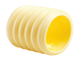 A close-up of a yellow, cylindrical, ribbed plastic bushing or spacer, hollow inside with smooth edges and a clean surface.
