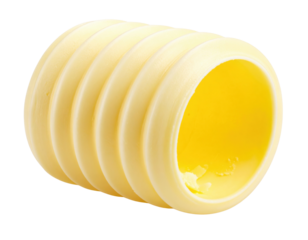 A close-up of a yellow, cylindrical, ribbed plastic bushing or spacer, hollow inside with smooth edges and a clean surface.