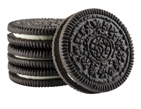 A stack of chocolate sandwich cookies with cream filling, featuring detailed embossed patterns on the dark biscuit surfaces.