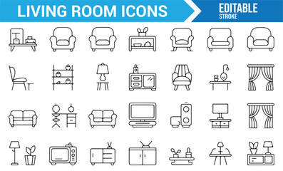 Furniture and Decor Icons for Living Room, including Sofa, TV, Lamp, and Tables