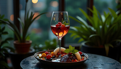 Naklejka premium Elegant Dinner Scene with Wine Glass and Fruit Platter on Table