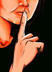 Silence gesture with finger on lips - pop art style - digital paint using gouache brushes