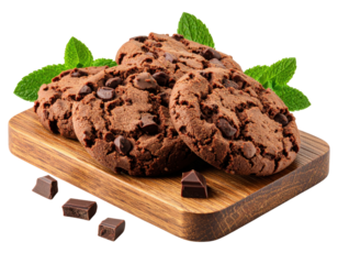 Four chocolate chip cookies with mint leaves on a wooden board, accompanied by small chocolate pieces.