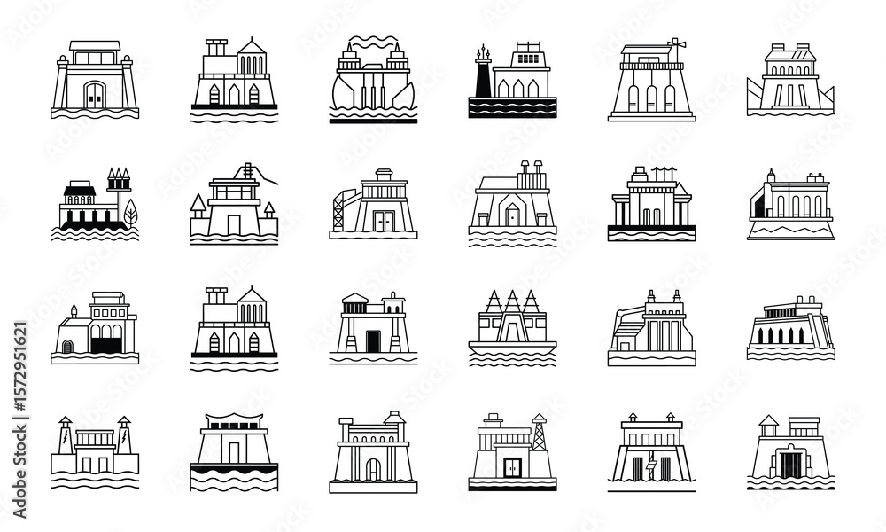 Poster collection of twenty five unique line art icons representing various architectural building designs 