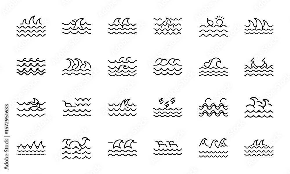 Aufkleber a collection of minimalistic line art illustrations representing various aspects of the ocean waves 