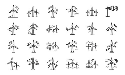 Collection of simple and elegant black line art illustrations depicting wind turbines and wind energy icons