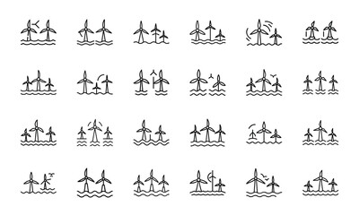 Collection of minimalist wind turbine icons depicting renewable energy sources for environmental and sustainable development concepts