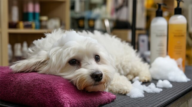 Grooming a fluffy dog on a table at a pet salon during a relaxed afternoon session