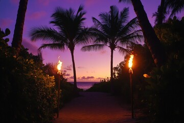 Path illuminated by tiki torches at sunset.