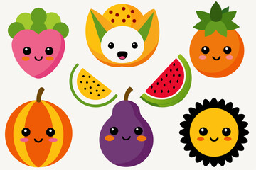 Obraz premium Whimsical fruit characters with cute animal faces embedded in fruits like watermelon, orange, and papaya. Colorful and playful, ideal for children’s books or apps.