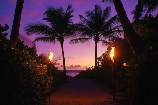 Path illuminated by tiki torches at sunset. - Powered by Adobe