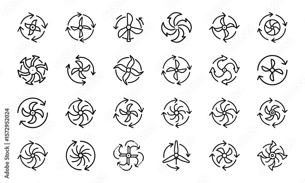 Poster collection of vector icons featuring diverse designs of rotating fan blades and propellers with circ