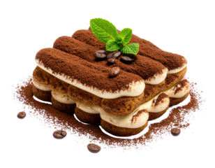 Classic layered tiramisu dessert topped with cocoa powder, coffee beans, and fresh mint leaves, showcasing its creamy texture and rich coffee flavor.