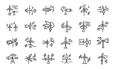 Naklejka premium Collection of minimalist line art illustrations depicting wind turbines and energy related graphics in various designs