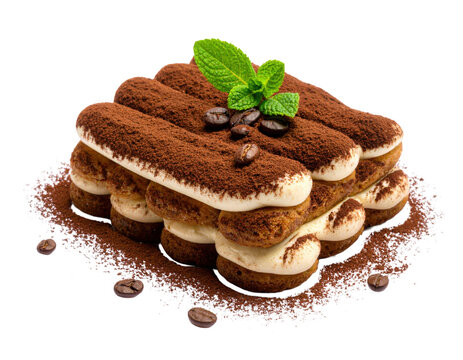 Classic layered tiramisu dessert topped with cocoa powder, coffee beans, and fresh mint leaves, showcasing its creamy texture and rich coffee flavor.