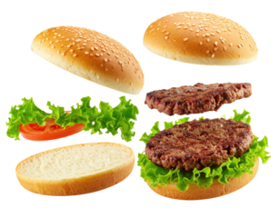 A deconstructed hamburger with sesame seed buns, two beef patties, lettuce, and tomato slices arranged separately.