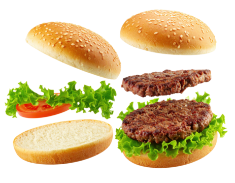 A deconstructed hamburger with sesame seed buns, two beef patties, lettuce, and tomato slices arranged separately.