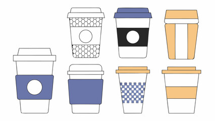 Vector collection of takeaway coffee cups with sleeve designs in a minimal style. Great for café branding, packaging, and modern food illustration.