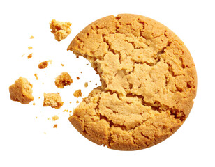 A round, golden-brown cookie with a bite taken out, surrounded by scattered crumbs.