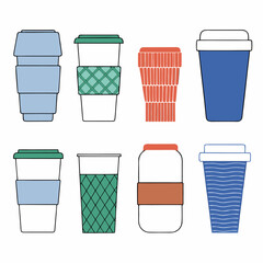 Vector set of assorted modern coffee cups in a clean layout with minimalist accents. Great for coffee brands, packaging, or user interface decoration.