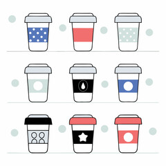 Flat vector set of takeaway coffee cups in various pastel colors and minimalist design. Ideal for café branding, menu illustrations, and lifestyle graphics.