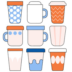 Modern vector set of tall coffee mugs and takeaway cups with trendy pastel tones. Ideal for branding, packaging design, or café-related printables.