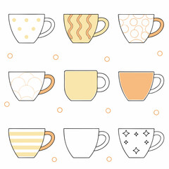 Vector set of colorful coffee and tea cups in minimal flat style with various patterns. Perfect for café branding, menu designs, and kitchen-themed illustrations.