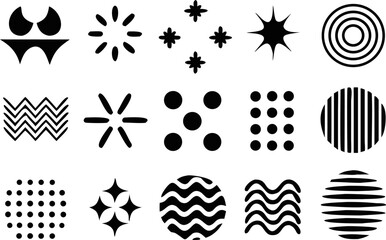 Abstract black vector pack including grid lines, starbursts, waves, and circles. Suitable for retro-style graphics, tech posters, and background patterns.