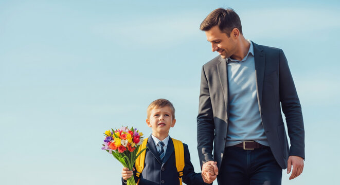Young schoolboy in uniform with flowers and backpack holding hands with his father against a clear blue sky.
