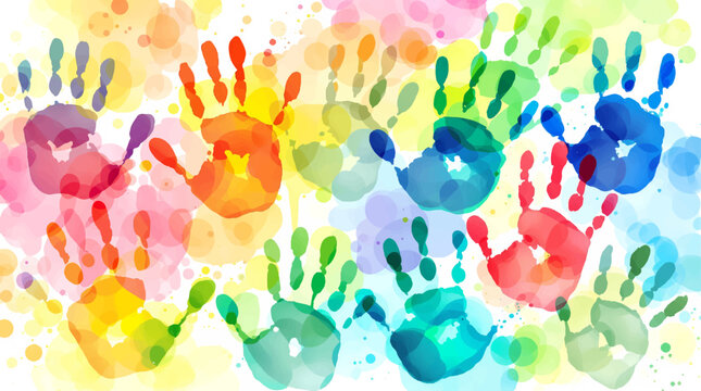 Children seamless pattern colored of hand print. Colorful kid handprint background. Children's handprints vector illustration of a prints of palms. Template kids hands, watercolor, baby palms.