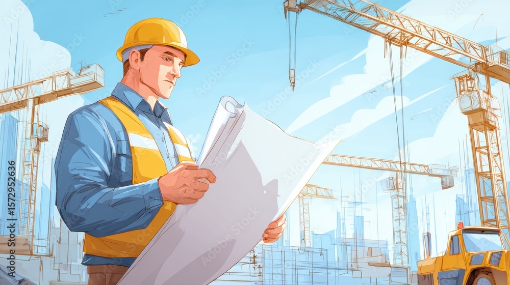 Poster cartoon project manager engineer pointing at timeline chart with team