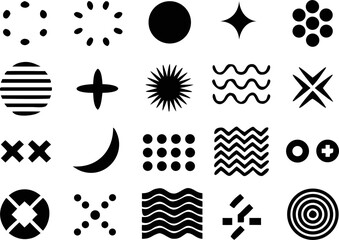 Minimal black vector set featuring moon, stars, waves, and dot patterns. Ideal for spiritual content, UI design, and modern digital decorations.